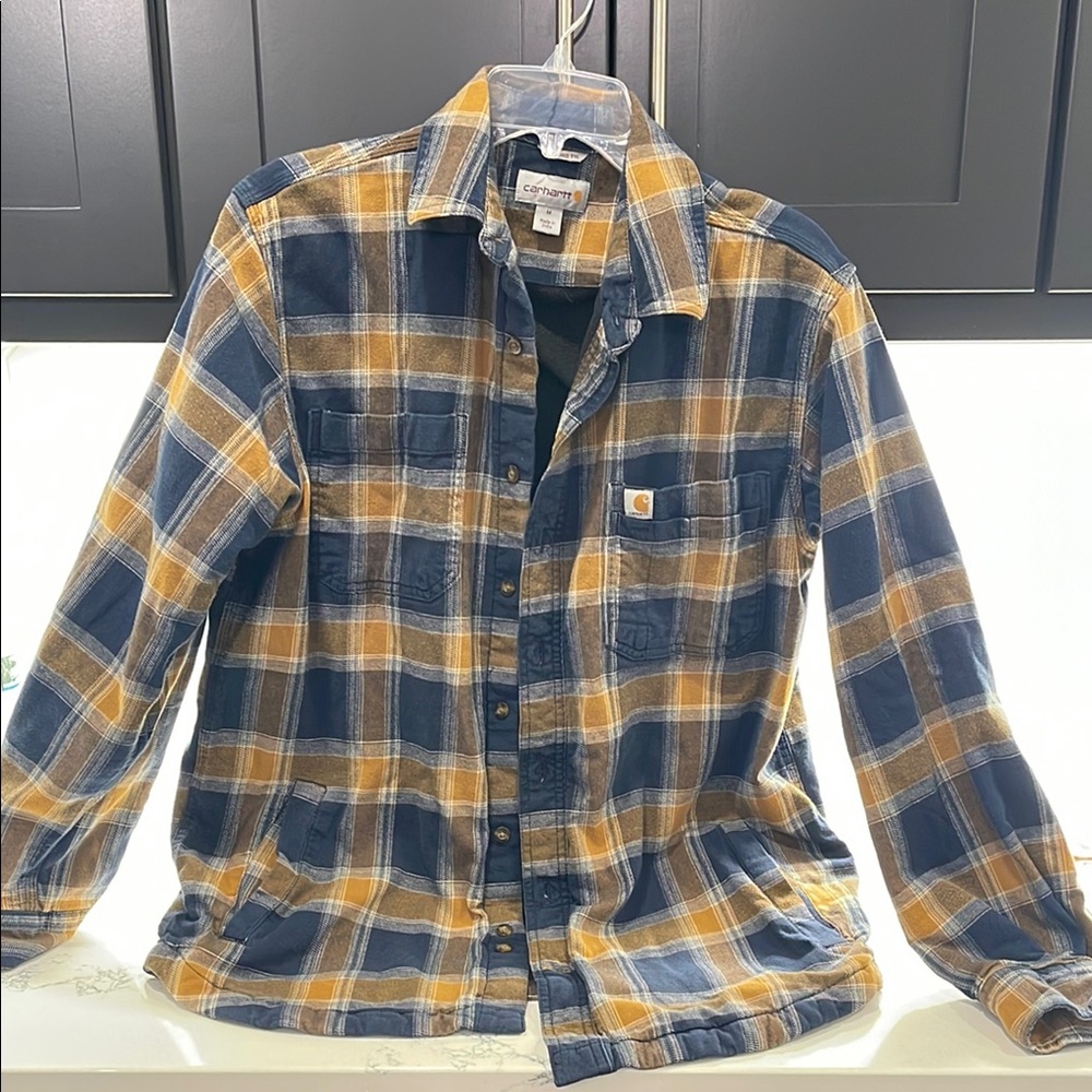 Carhartt Men's Blue and Yellow Plaid Flannel Lined Shirt Jacket